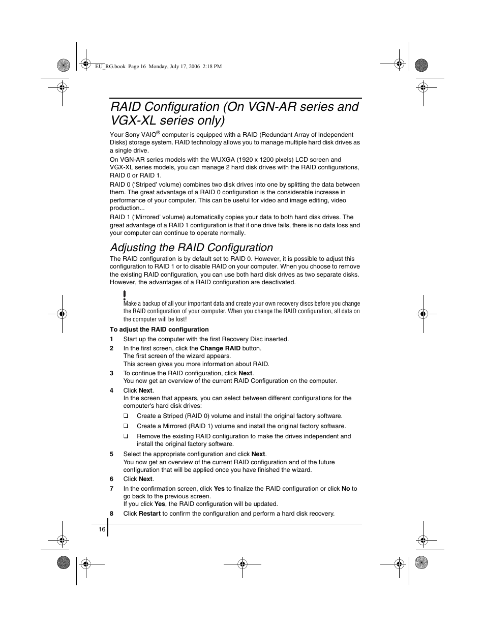 Adjusting the raid configuration | Sony VGN-SZ3XRP User Manual | Page 18 / 80