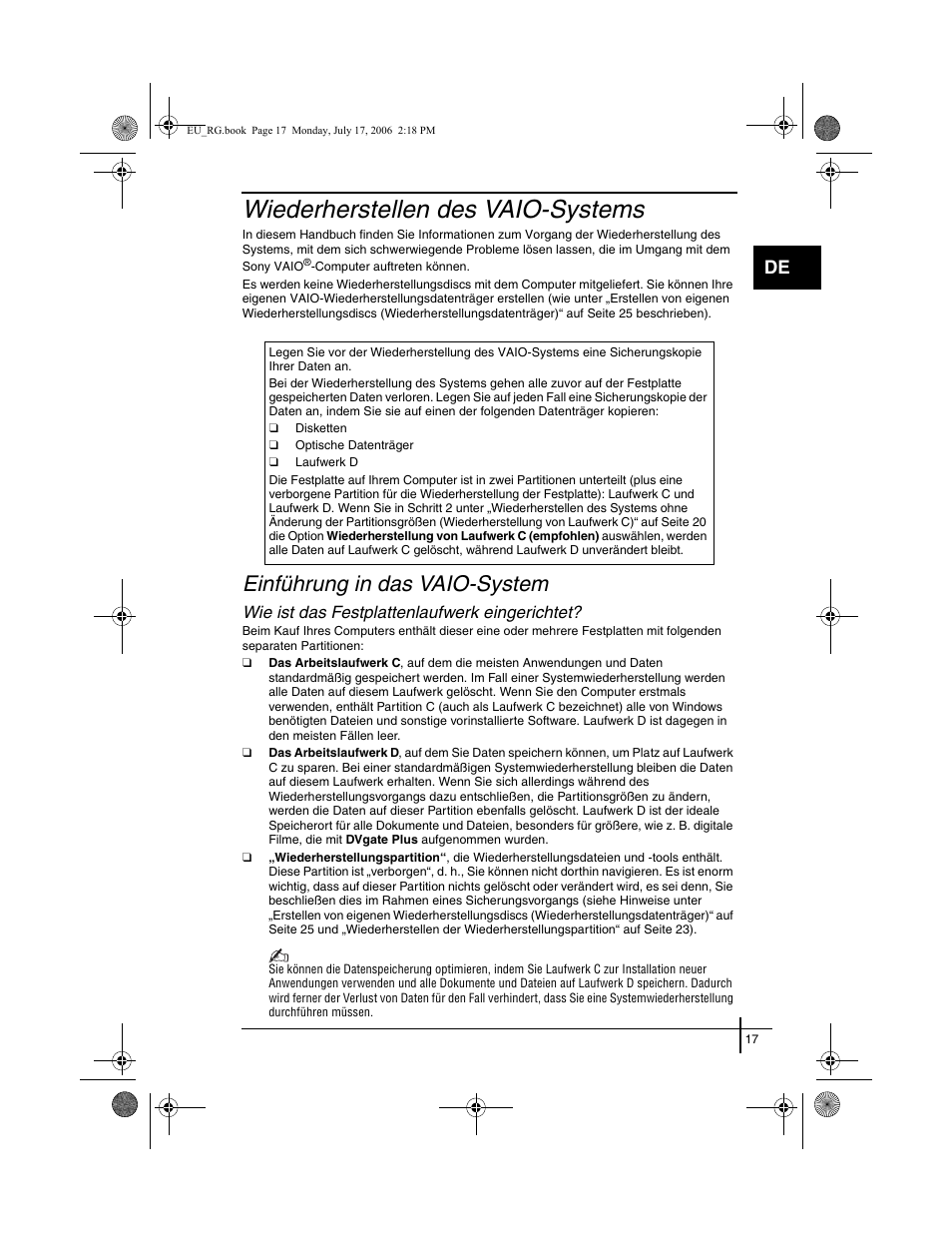 Wiederherstellen des vaio-systems, Einführung in das vaio-system, Wie ist das festplattenlaufwerk eingerichtet | Sony VGN-SZ3XRP User Manual | Page 19 / 80