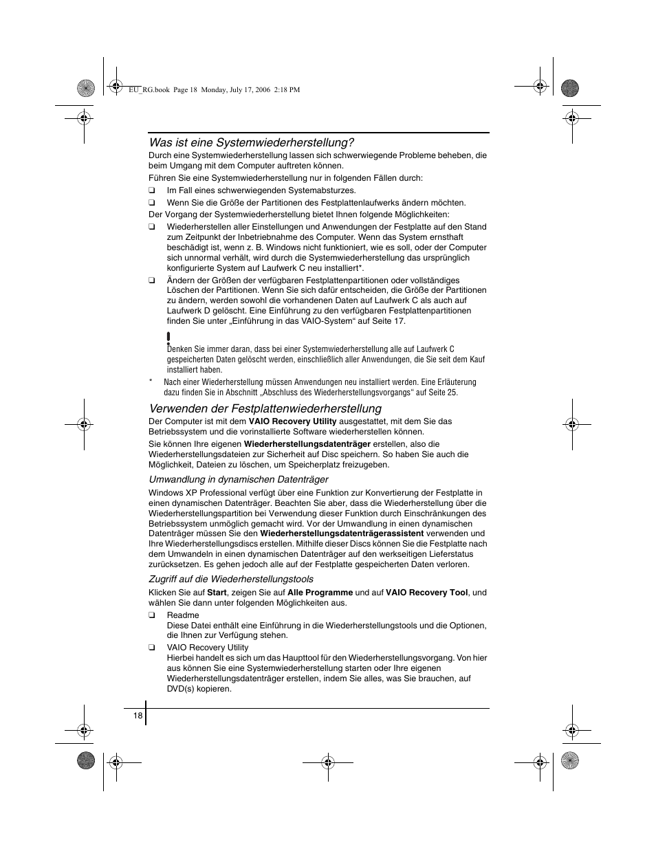 Was ist eine systemwiederherstellung, Verwenden der festplattenwiederherstellung | Sony VGN-SZ3XRP User Manual | Page 20 / 80