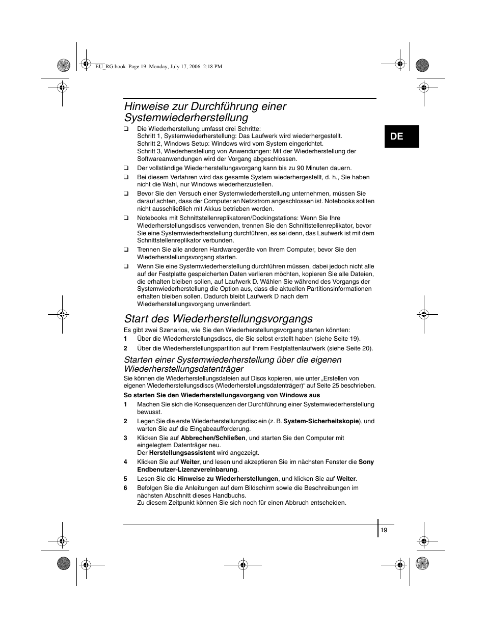 Wiederherstellungsdatenträger, Start des wiederherstellungsvorgangs | Sony VGN-SZ3XRP User Manual | Page 21 / 80