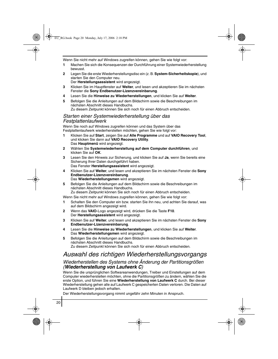 Auswahl des richtigen wiederherstellungsvorgangs, Wiederh | Sony VGN-SZ3XRP User Manual | Page 22 / 80