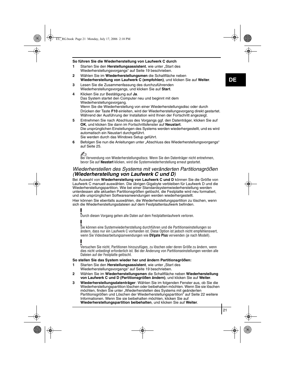Wiederherstellung von laufwerk c und d ) | Sony VGN-SZ3XRP User Manual | Page 23 / 80