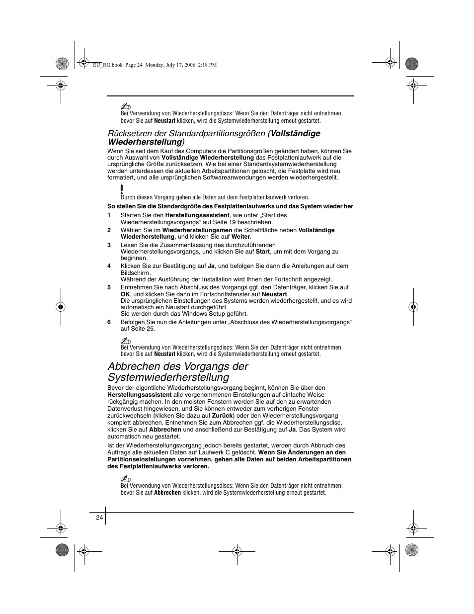 Rücksetzen der standardpartitionsgrößen, Abbrechen des vorgangs der systemwiederherstellung | Sony VGN-SZ3XRP User Manual | Page 26 / 80