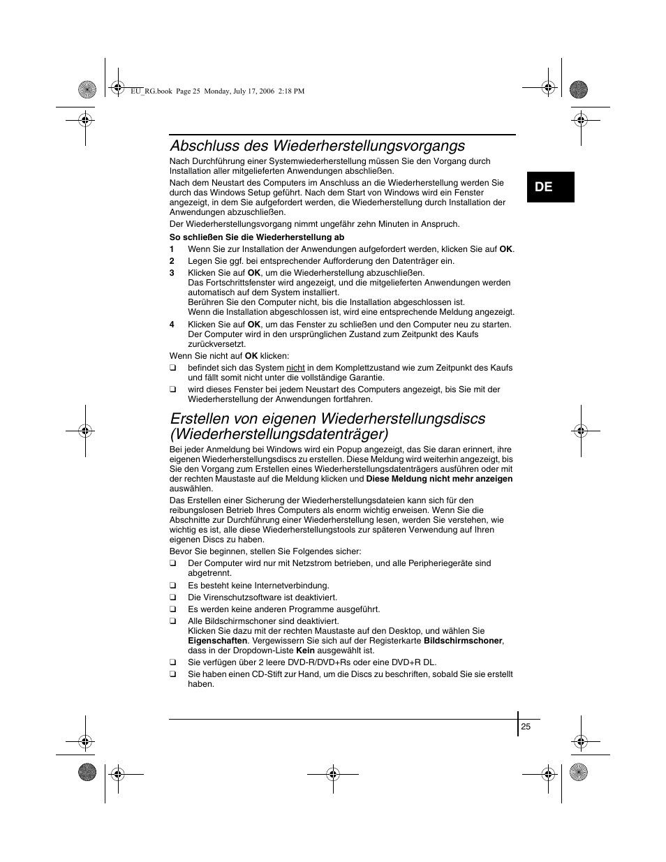 Abschluss des wiederherstellungsvorgangs, Erstellen von eigenen wiederherstellungsdiscs, Wiederherstellungsdatenträger) | Sony VGN-SZ3XRP User Manual | Page 27 / 80