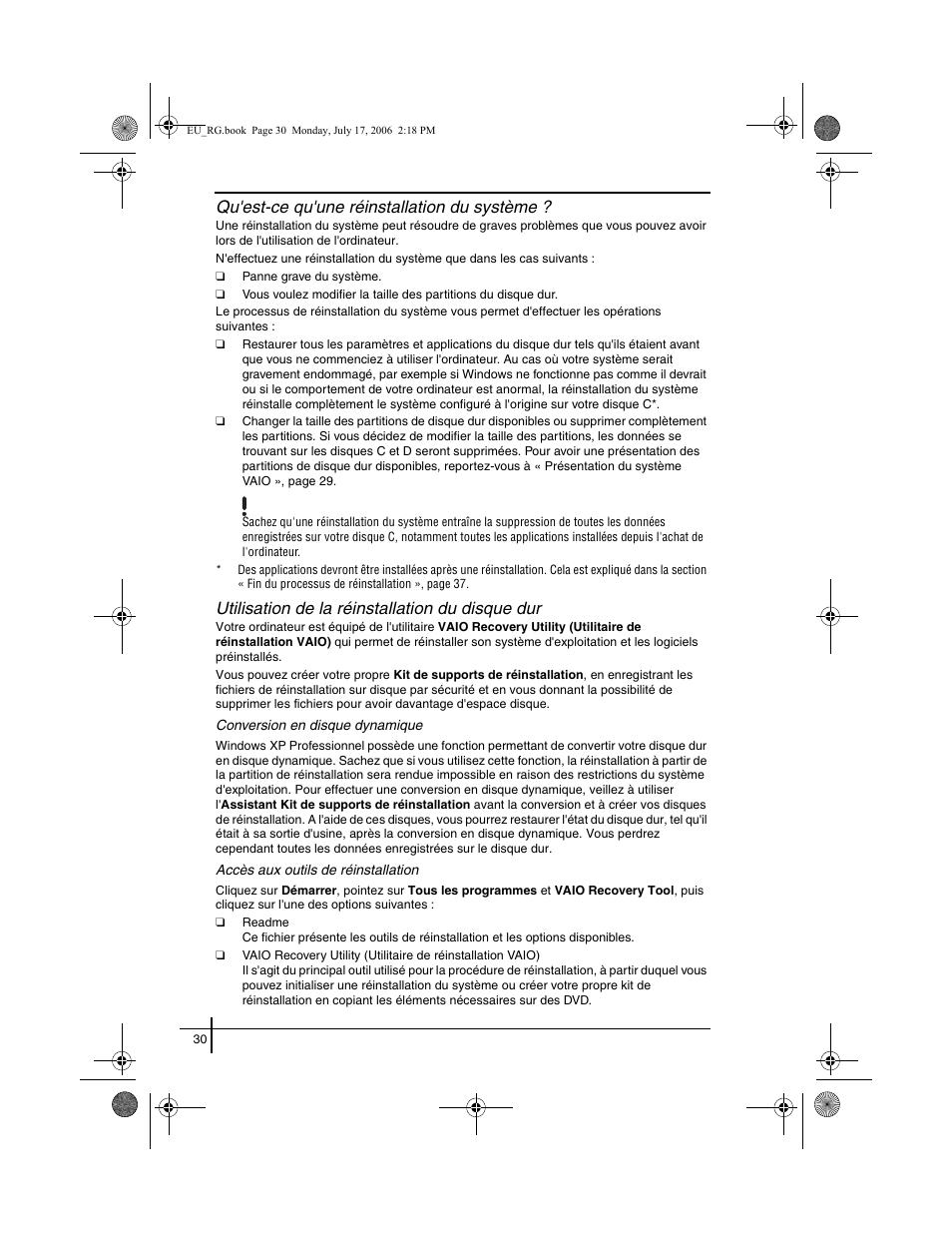 Qu'est-ce qu'une réinstallation du système, Utilisation de la réinstallation du disque dur | Sony VGN-SZ3XRP User Manual | Page 32 / 80