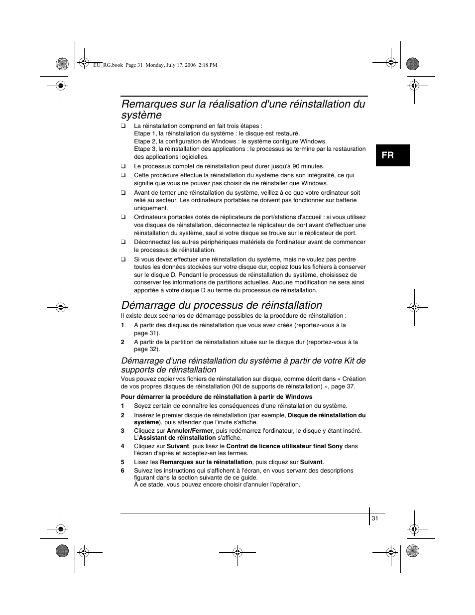 Réinstallation, Démarrage du processus de réinstallation | Sony VGN-SZ3XRP User Manual | Page 33 / 80