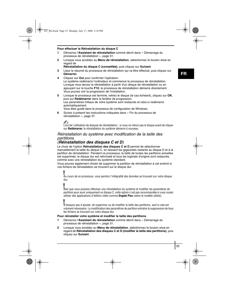 Réinstallation des disques c et d ) | Sony VGN-SZ3XRP User Manual | Page 35 / 80