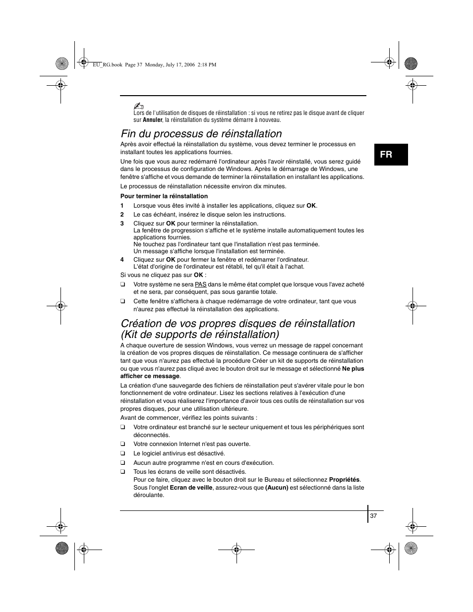 Fin du processus de réinstallation, Création de vos propres disques de réinstallation, Kit de supports de réinstallation) | Sony VGN-SZ3XRP User Manual | Page 39 / 80