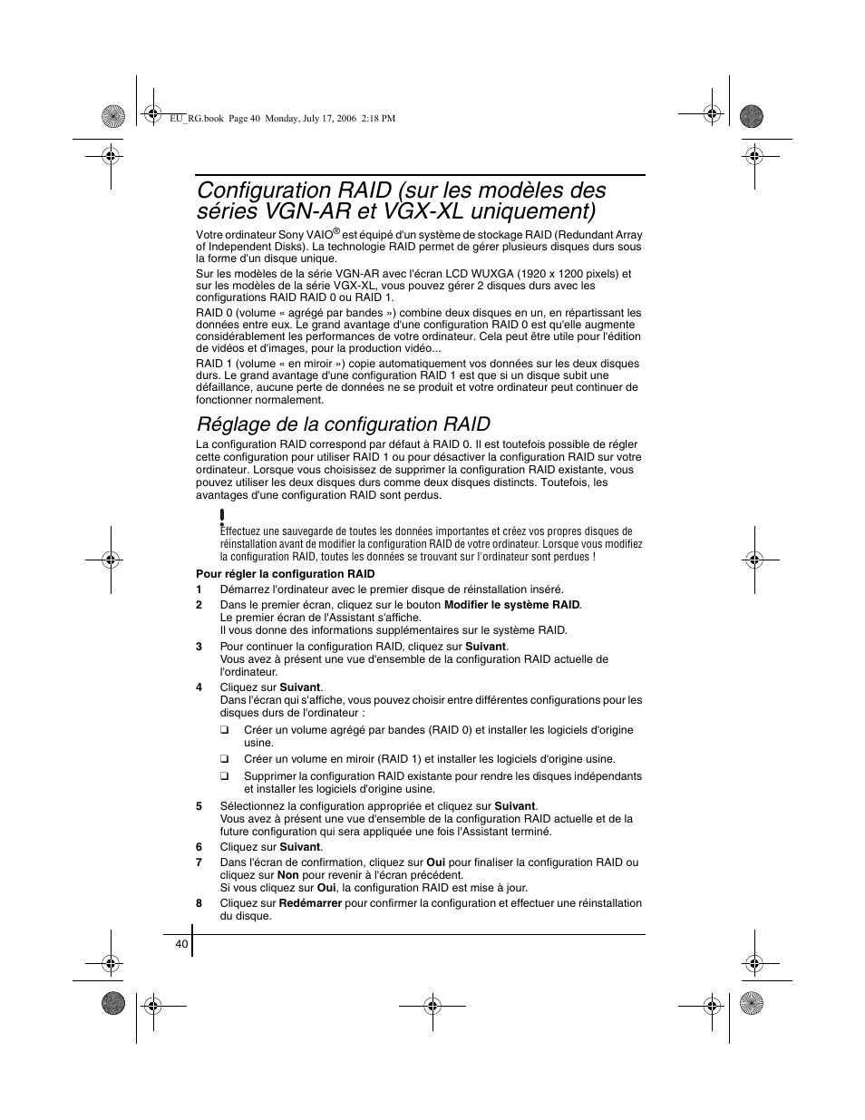 Uniquement), Réglage de la configuration raid | Sony VGN-SZ3XRP User Manual | Page 42 / 80