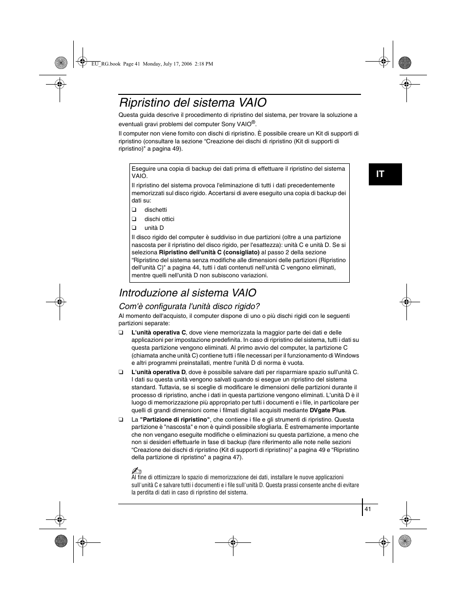 Ripristino del sistema vaio, Introduzione al sistema vaio, Com'è configurata l'unità disco rigido | Sony VGN-SZ3XRP User Manual | Page 43 / 80