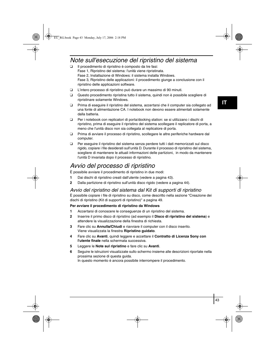 Avvio del processo di ripristino | Sony VGN-SZ3XRP User Manual | Page 45 / 80
