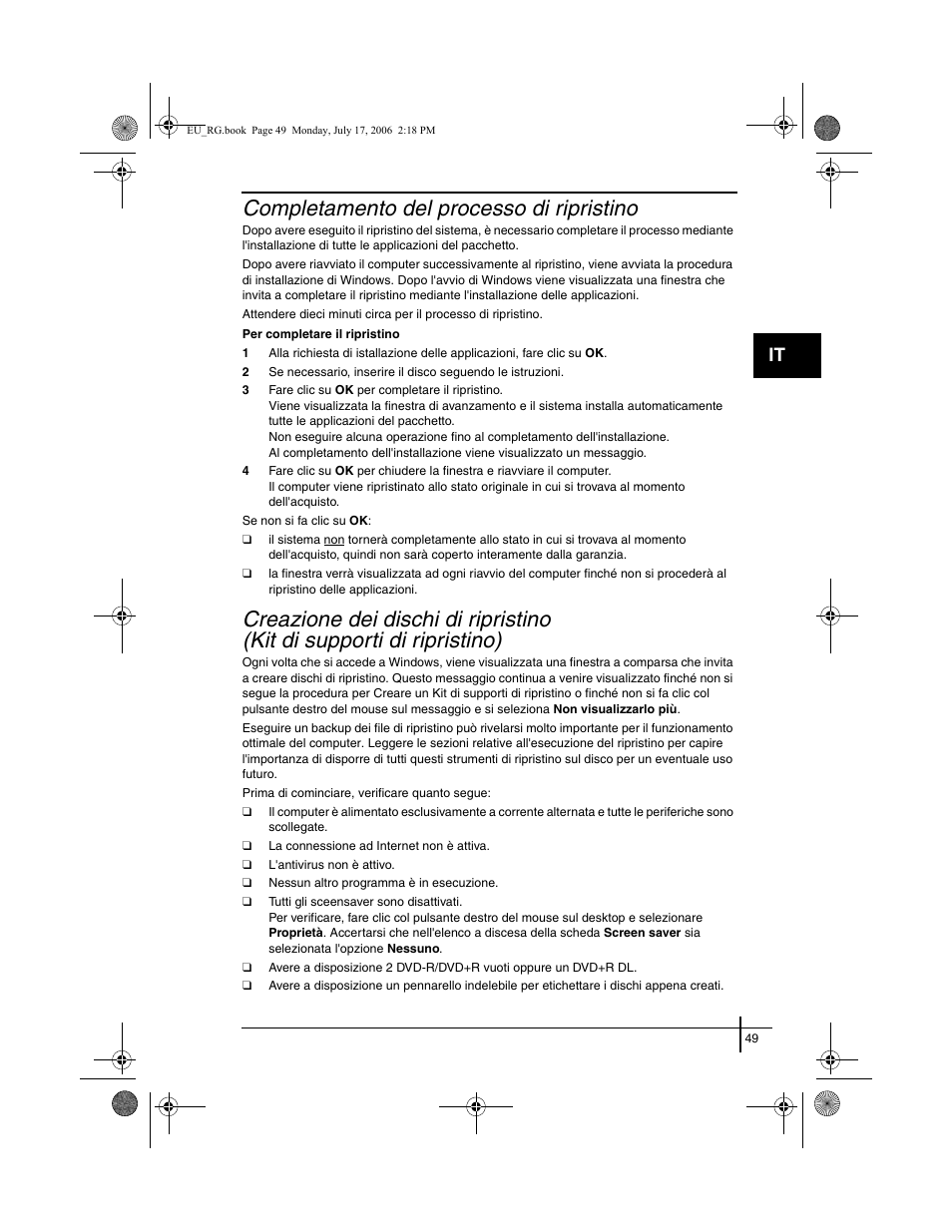 Completamento del processo di ripristino, Creazione dei dischi di ripristino, Kit di supporti di ripristino) | Sony VGN-SZ3XRP User Manual | Page 51 / 80