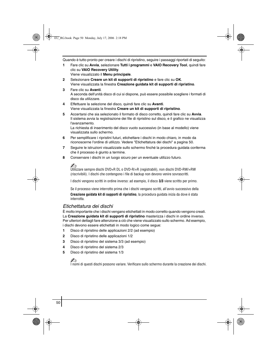 Etichettatura dei dischi | Sony VGN-SZ3XRP User Manual | Page 52 / 80