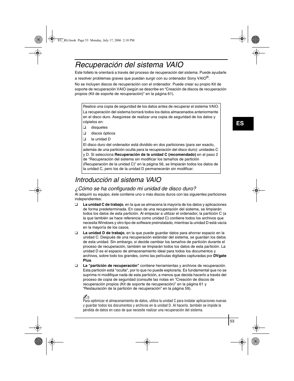 Recuperación del sistema vaio, Introducción al sistema vaio, Cómo se ha configurado mi unidad de disco duro | Sony VGN-SZ3XRP User Manual | Page 55 / 80