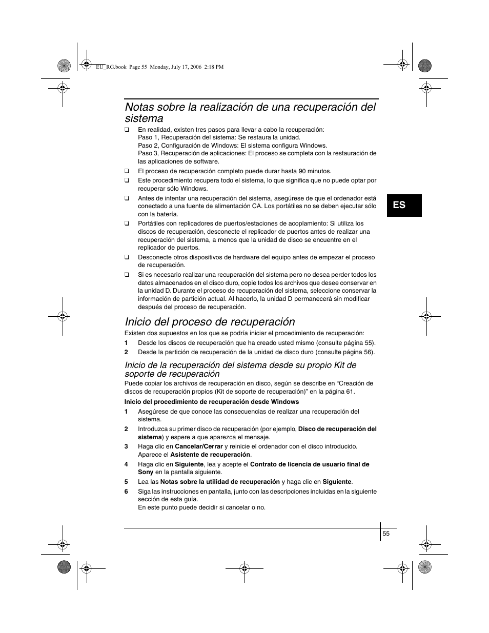 Recuperación, Inicio del proceso de recuperación | Sony VGN-SZ3XRP User Manual | Page 57 / 80