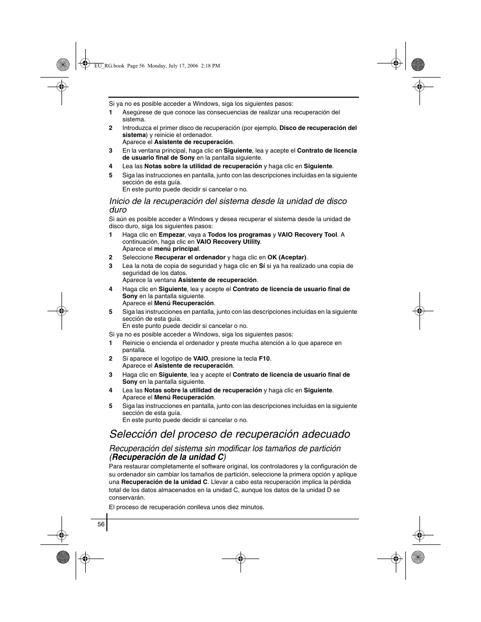 Selección del proceso de recuperación adecuado, Recu | Sony VGN-SZ3XRP User Manual | Page 58 / 80
