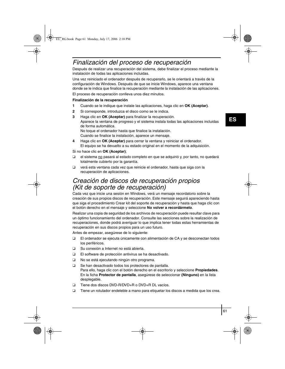 Finalización del proceso de recuperación, Creación de discos de recuperación propios, Kit de soporte de recuperación) | Sony VGN-SZ3XRP User Manual | Page 63 / 80