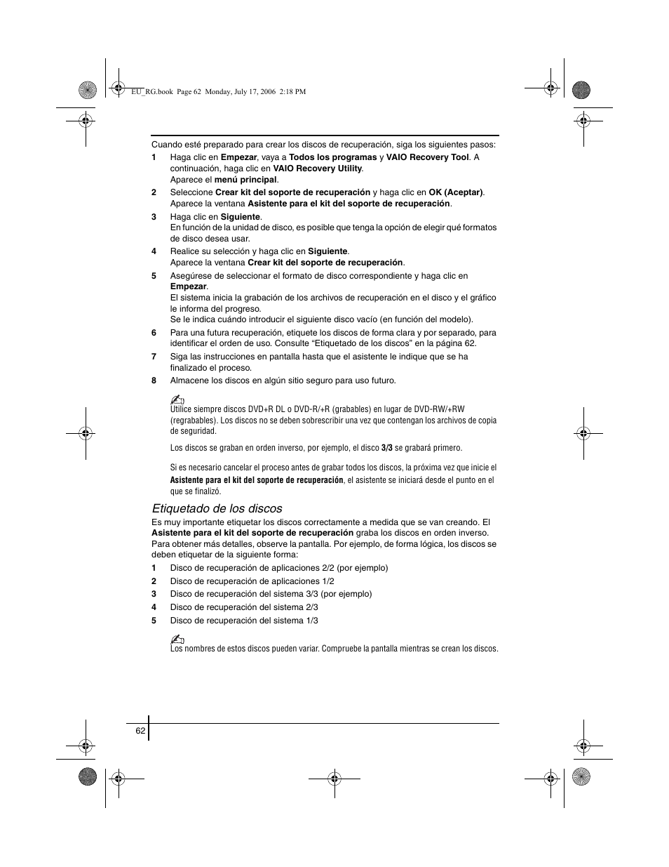 Etiquetado de los discos | Sony VGN-SZ3XRP User Manual | Page 64 / 80