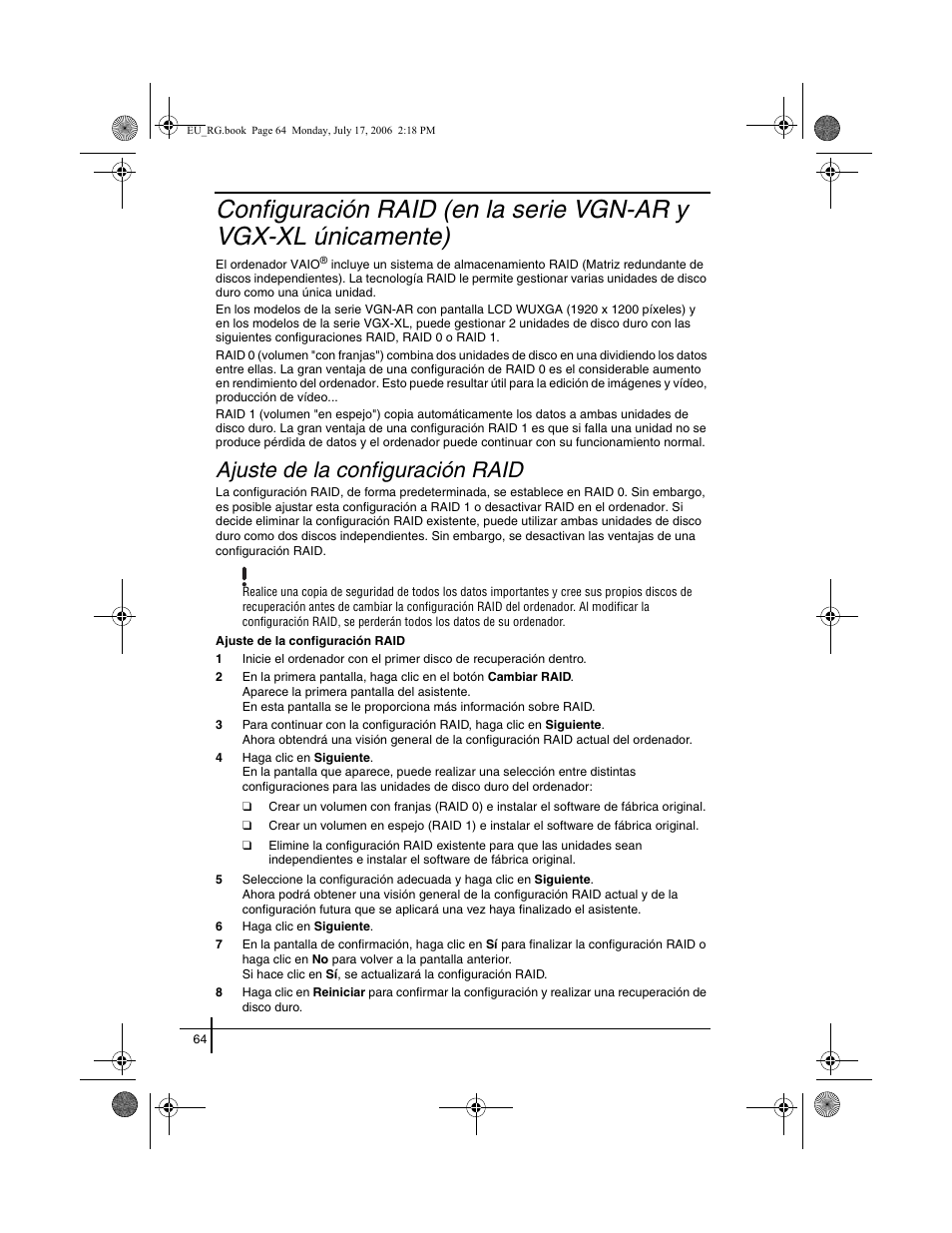 Ajuste de la configuración raid | Sony VGN-SZ3XRP User Manual | Page 66 / 80