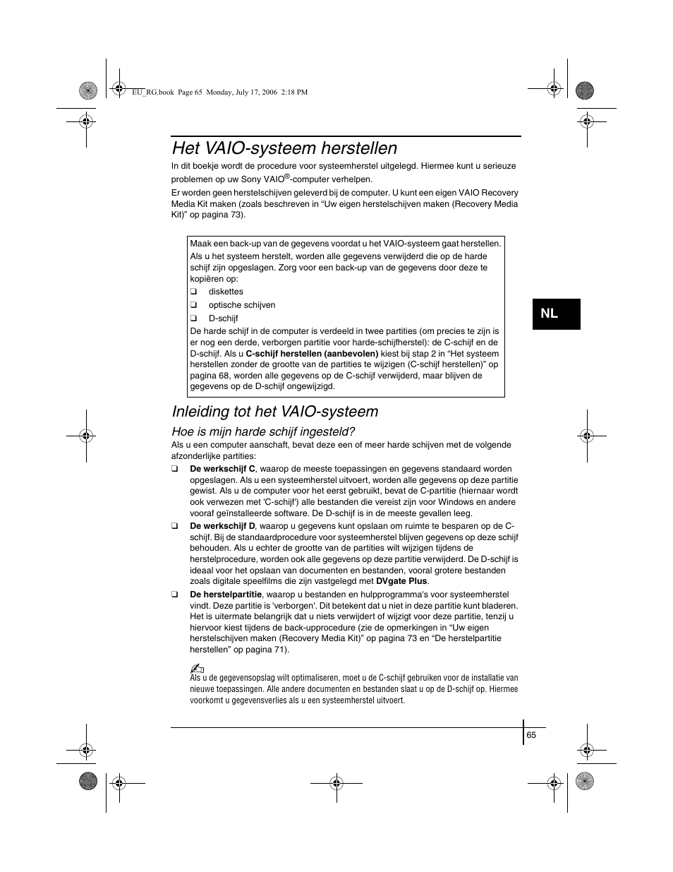 Het vaio-systeem herstellen, Inleiding tot het vaio-systeem, Hoe is mijn harde schijf ingesteld | Sony VGN-SZ3XRP User Manual | Page 67 / 80