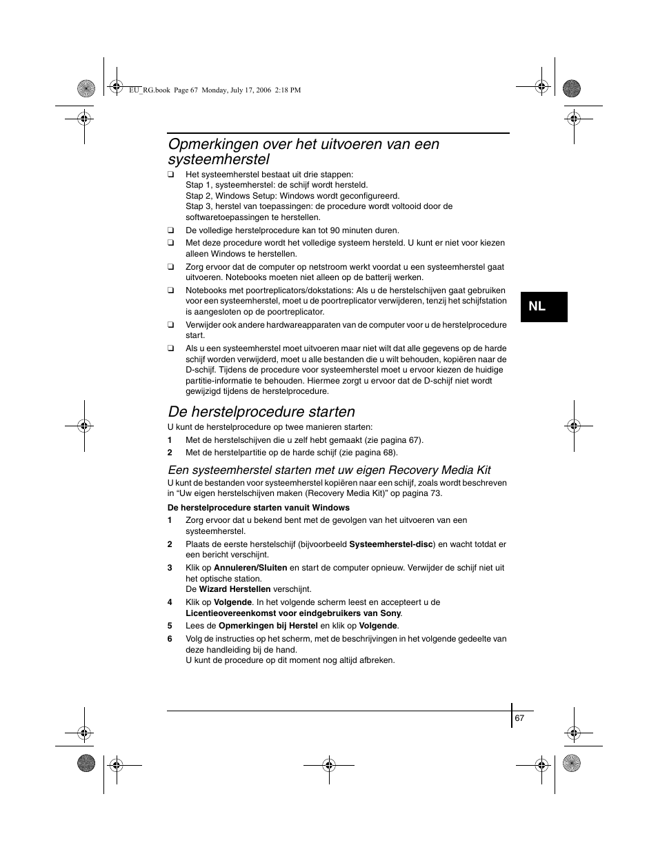 De herstelprocedure starten | Sony VGN-SZ3XRP User Manual | Page 69 / 80