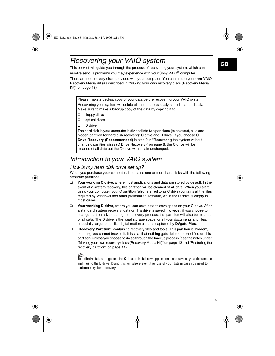 Recovering your vaio system, Introduction to your vaio system, How is my hard disk drive set up | Sony VGN-SZ3XRP User Manual | Page 7 / 80