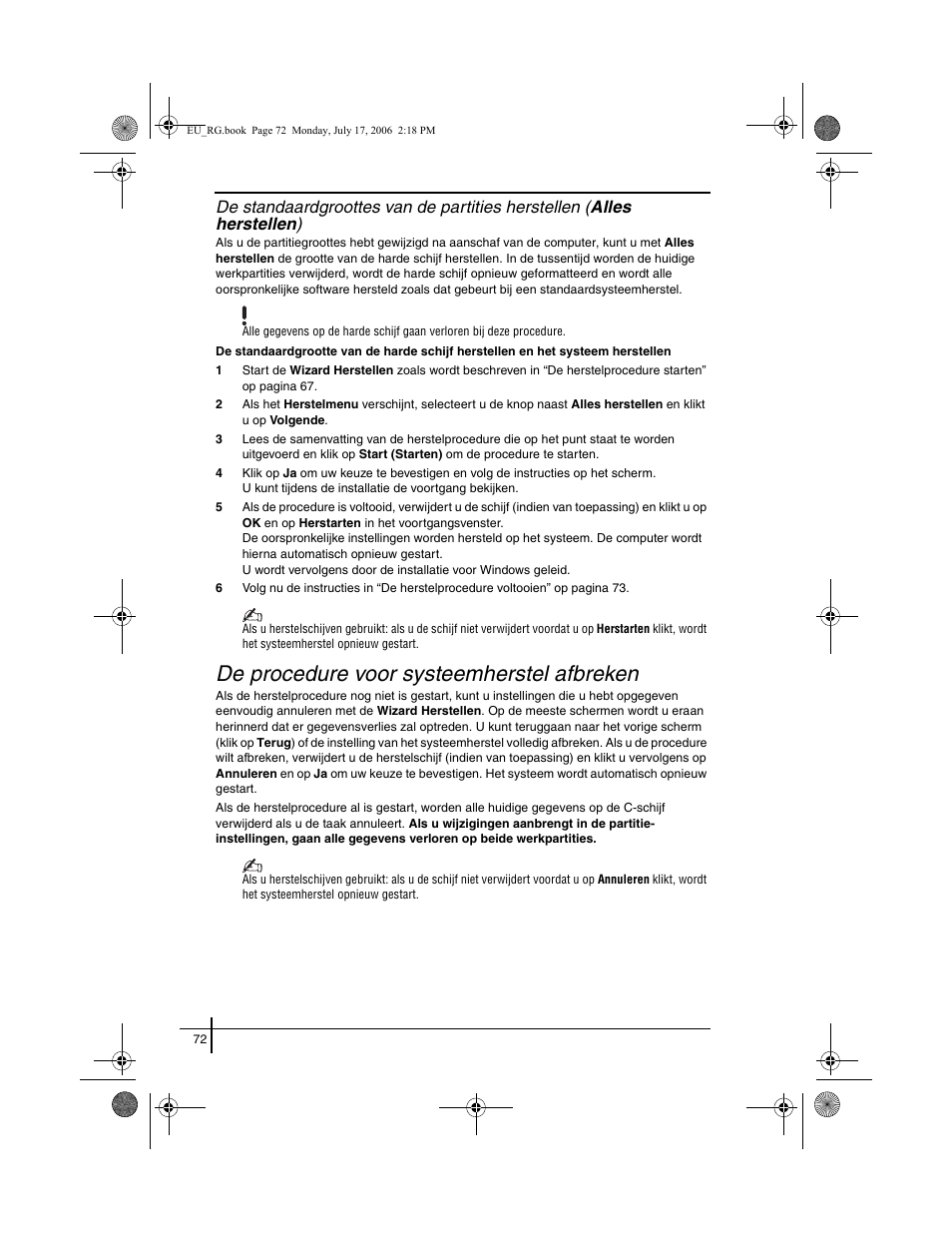 De standaardgroottes van de partities herstellen, De procedure voor systeemherstel afbreken | Sony VGN-SZ3XRP User Manual | Page 74 / 80
