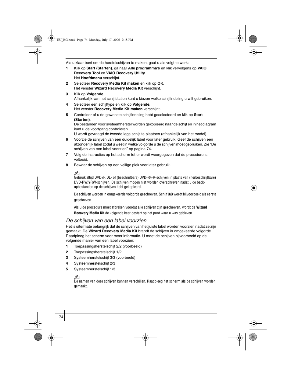 De schijven van een label voorzien | Sony VGN-SZ3XRP User Manual | Page 76 / 80