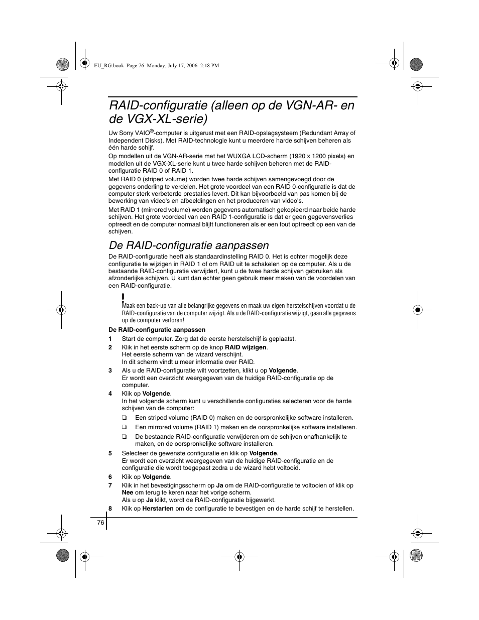 De raid-configuratie aanpassen | Sony VGN-SZ3XRP User Manual | Page 78 / 80