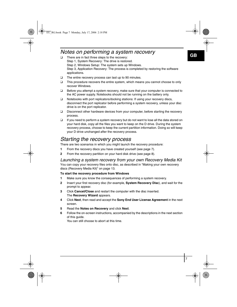 Starting the recovery process | Sony VGN-SZ3XRP User Manual | Page 9 / 80
