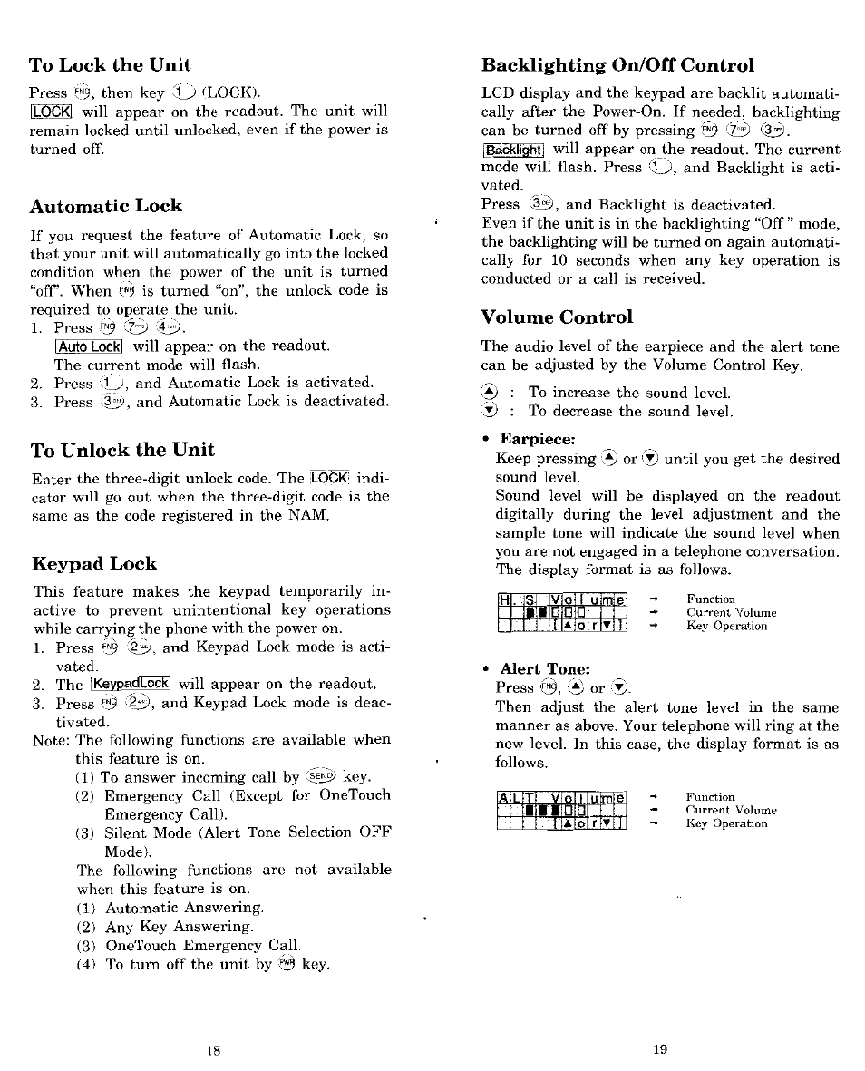 To lock the unit, Automatic lock, To unlock the unit | Keypad lock, Backlighting on/off control, Volume control, Mnsoto | Audiovox MVX-850 User Manual | Page 10 / 24