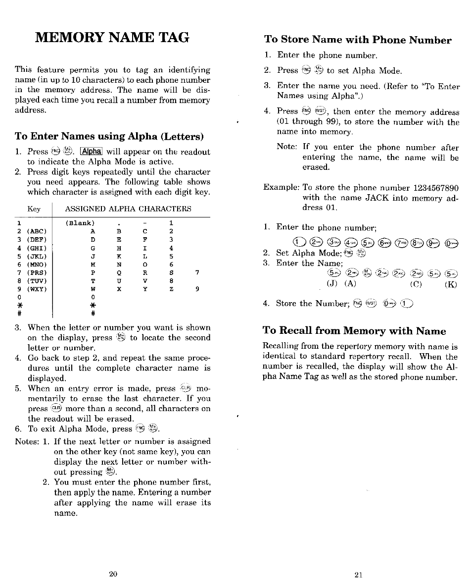 Memory name tag, To enter names using alpha (letters), To store name with phone number | To recall from memory with name | Audiovox MVX-850 User Manual | Page 11 / 24