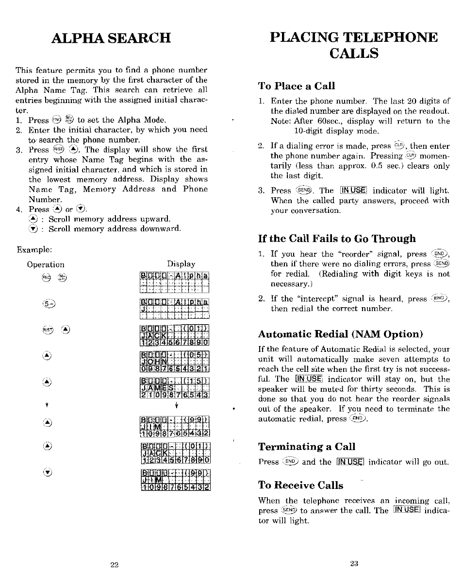 Placing telephone calls, To place a call, If the call fails to go through | Automatic redial (nam option), Terminating a call, To receive calls, Alpha search | Audiovox MVX-850 User Manual | Page 12 / 24