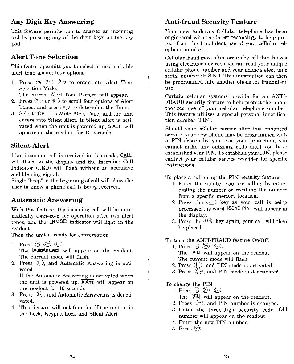 Any digit key answering, Alert tone selection, Silent alert | Automatic answering, Anti-fraud security feature | Audiovox MVX-850 User Manual | Page 13 / 24