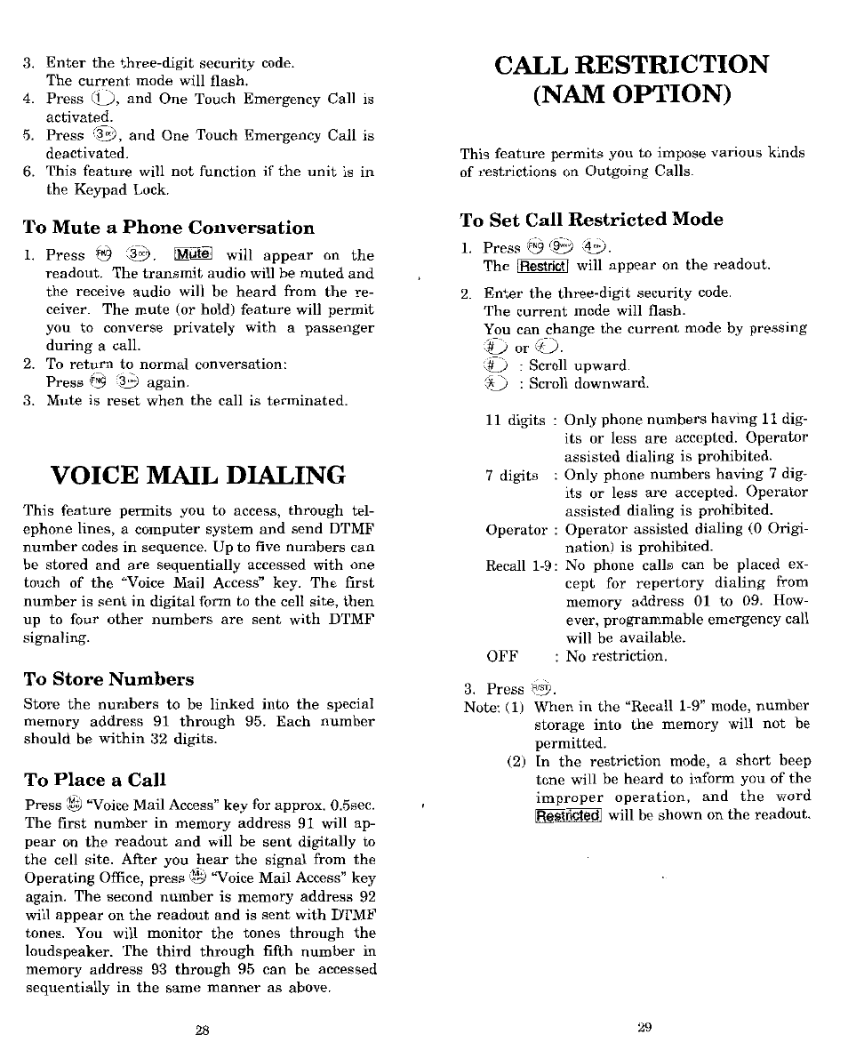 To mute a phone conversation, Voice mail dialing, To store numbers | To place a call, Call restriction (nam option), To set call restricted mode | Audiovox MVX-850 User Manual | Page 15 / 24
