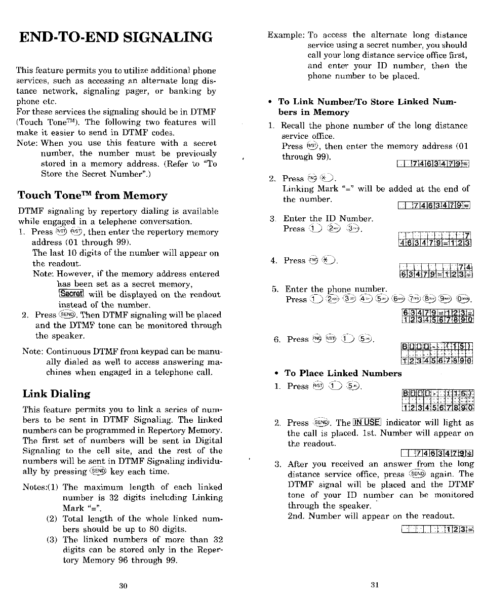 End-to-end signaling, Touch tone^“^ from memory, Link dialing | Audiovox MVX-850 User Manual | Page 16 / 24