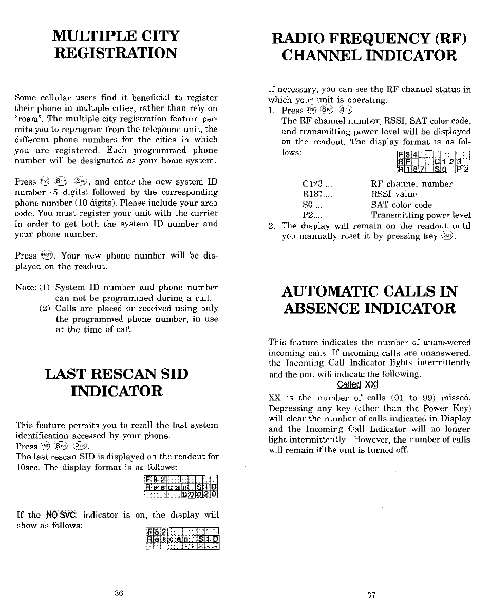 Radio frequency (rf) channel indicator, Last rescan sid indicator, Automatic calls in absence indicator | Audiovox MVX-850 User Manual | Page 19 / 24