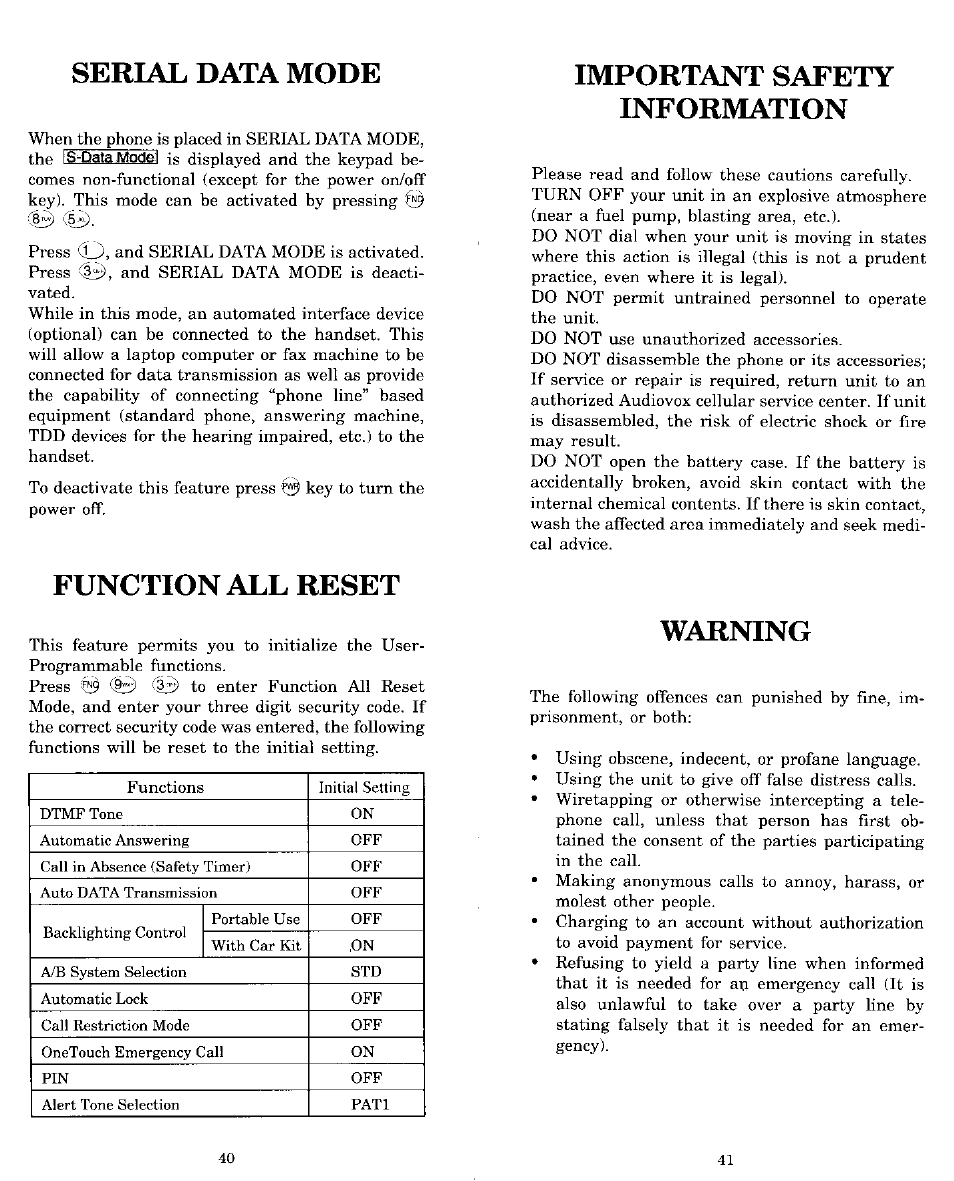 Function all reset, Important safety information, Warning | Serial data mode | Audiovox MVX-850 User Manual | Page 21 / 24