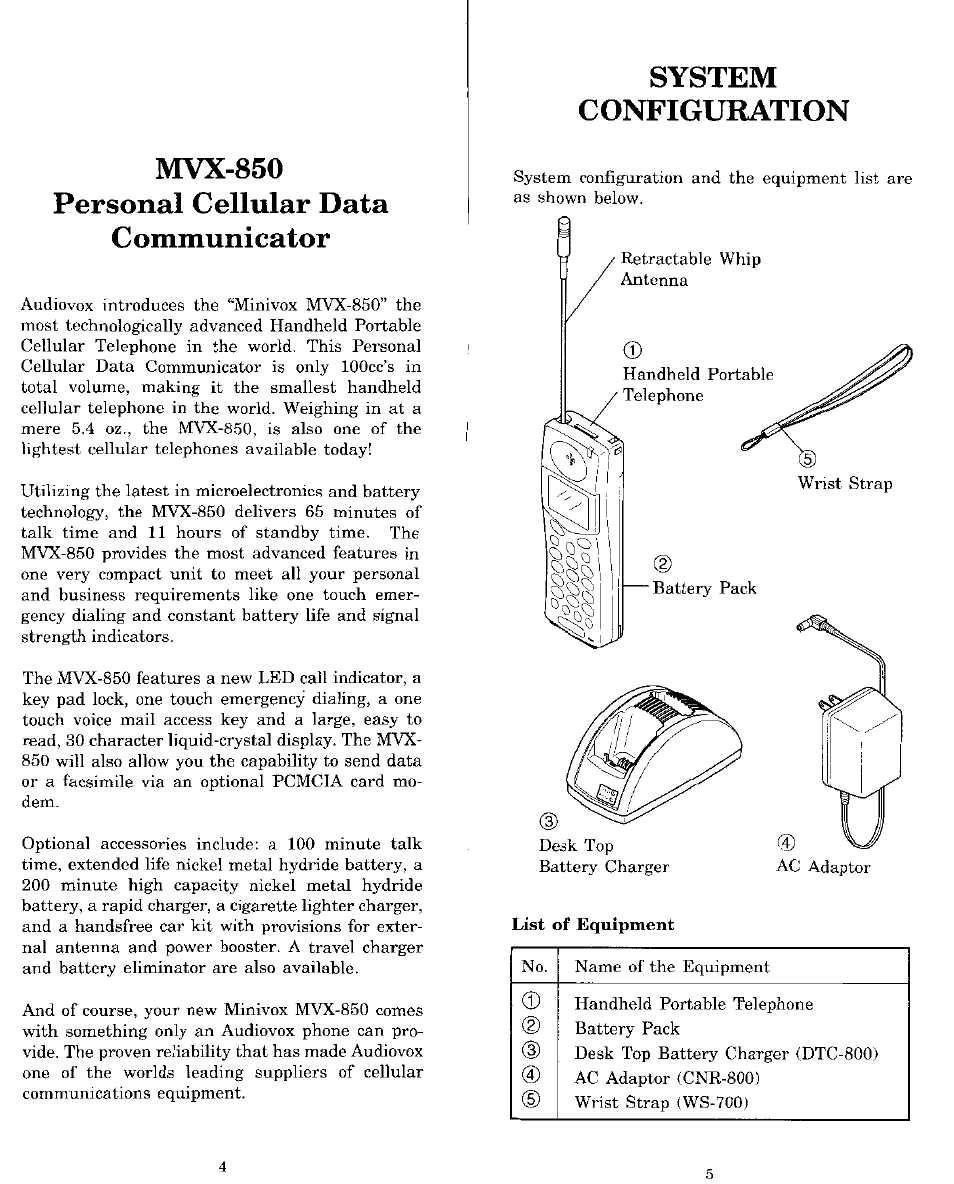 Mvx-850, Personal cellular data communicator, System | Configuration, Mvx-850 personal cellular data communicator, System configuration | Audiovox MVX-850 User Manual | Page 3 / 24