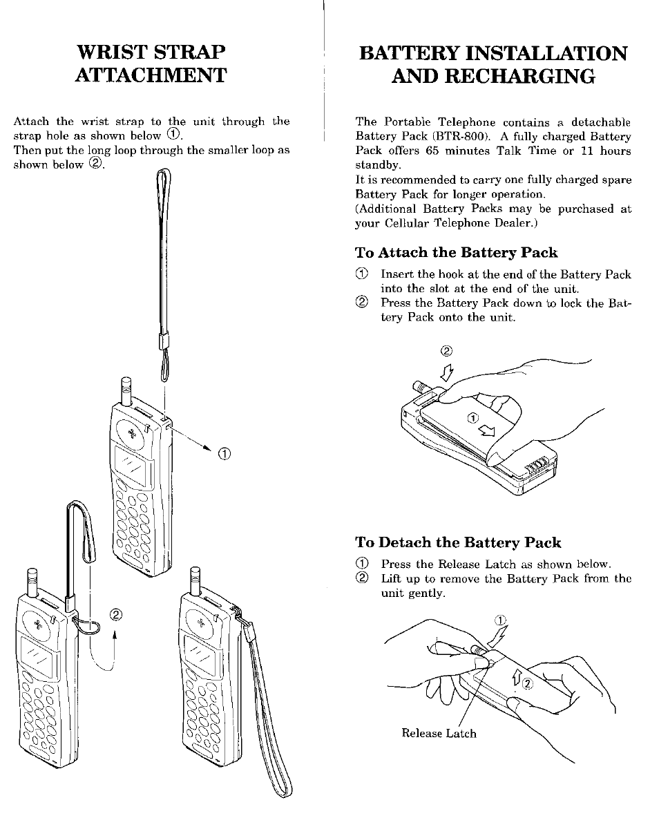 Battery installation and recharging, To attach the battery pack, To detach the battery pack | Wrist strap attachment | Audiovox MVX-850 User Manual | Page 4 / 24