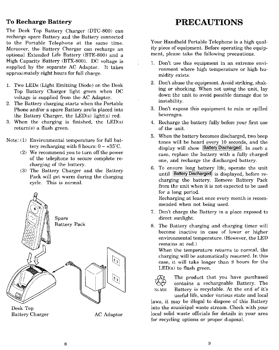 To recharge battery, Precautions | Audiovox MVX-850 User Manual | Page 5 / 24