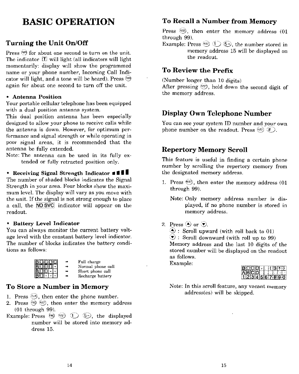 Basic operation, Turning the unit on/off, To store a number in memory | To recall a number from memory, To review the prefix, Display own telephone number, Repertory memory scroll | Audiovox MVX-850 User Manual | Page 8 / 24