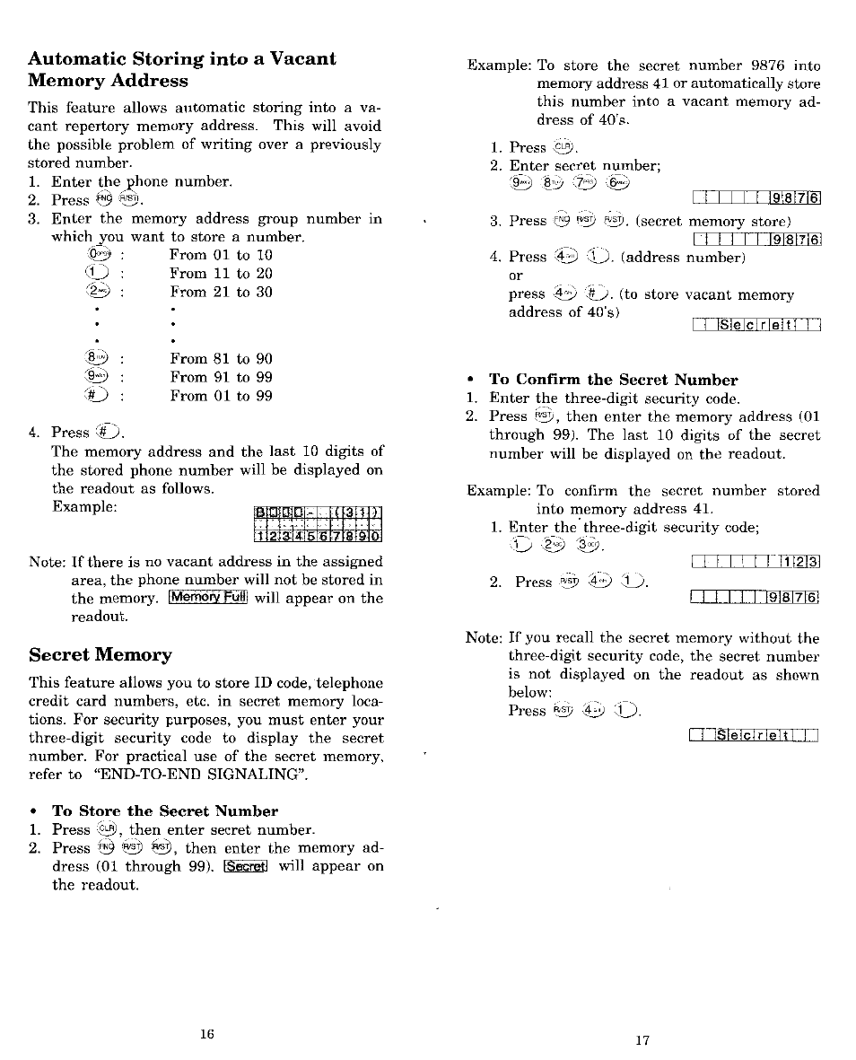 Automatic storing into a vacant memory address, Secret memory | Audiovox MVX-850 User Manual | Page 9 / 24