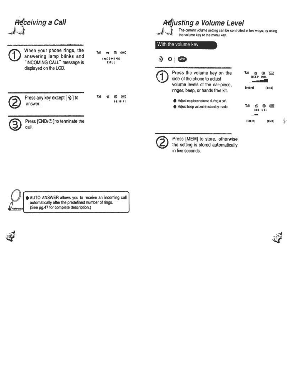Receiving a call, Adjusting a volume level, Adjusting volume level | Receiving a call jj | Audiovox CDM120 User Manual | Page 11 / 41