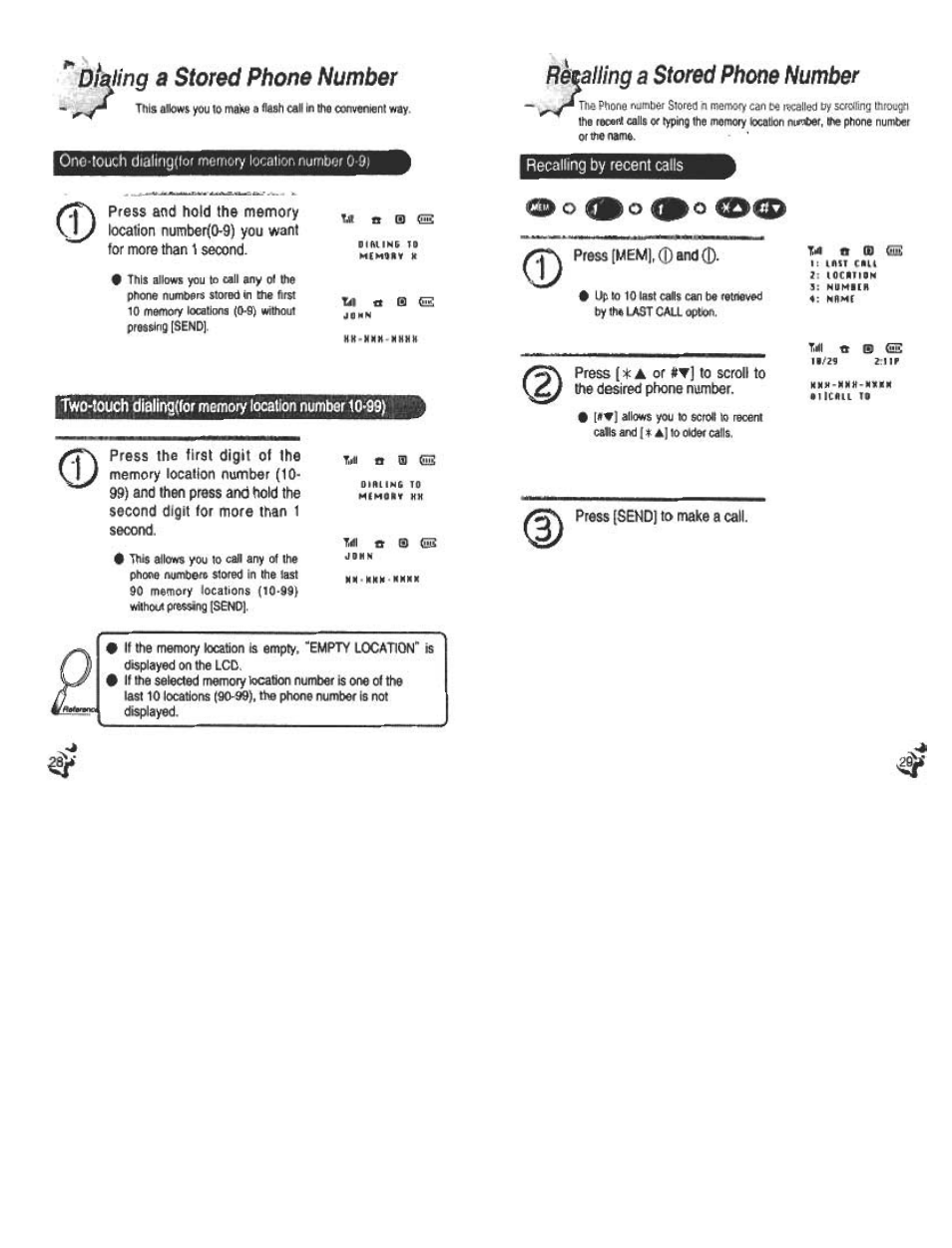 Dicing a stored phone number, Recalling a stored phone number, Recalling by recent calls | Dialing a stored phone number, Recalling by recent calis, O o o, Empty, D)and | Audiovox CDM120 User Manual | Page 15 / 41