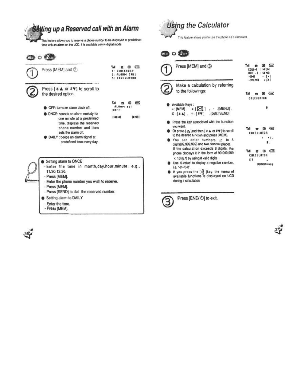 Ing up a reserved caii wfith an alarm, Using the calculator, Press [mem] and (s) | Make a calculation by referring to the followings, Pres5[en[y6)toekil, Setting up a reserved call with an alarm | Audiovox CDM120 User Manual | Page 19 / 41