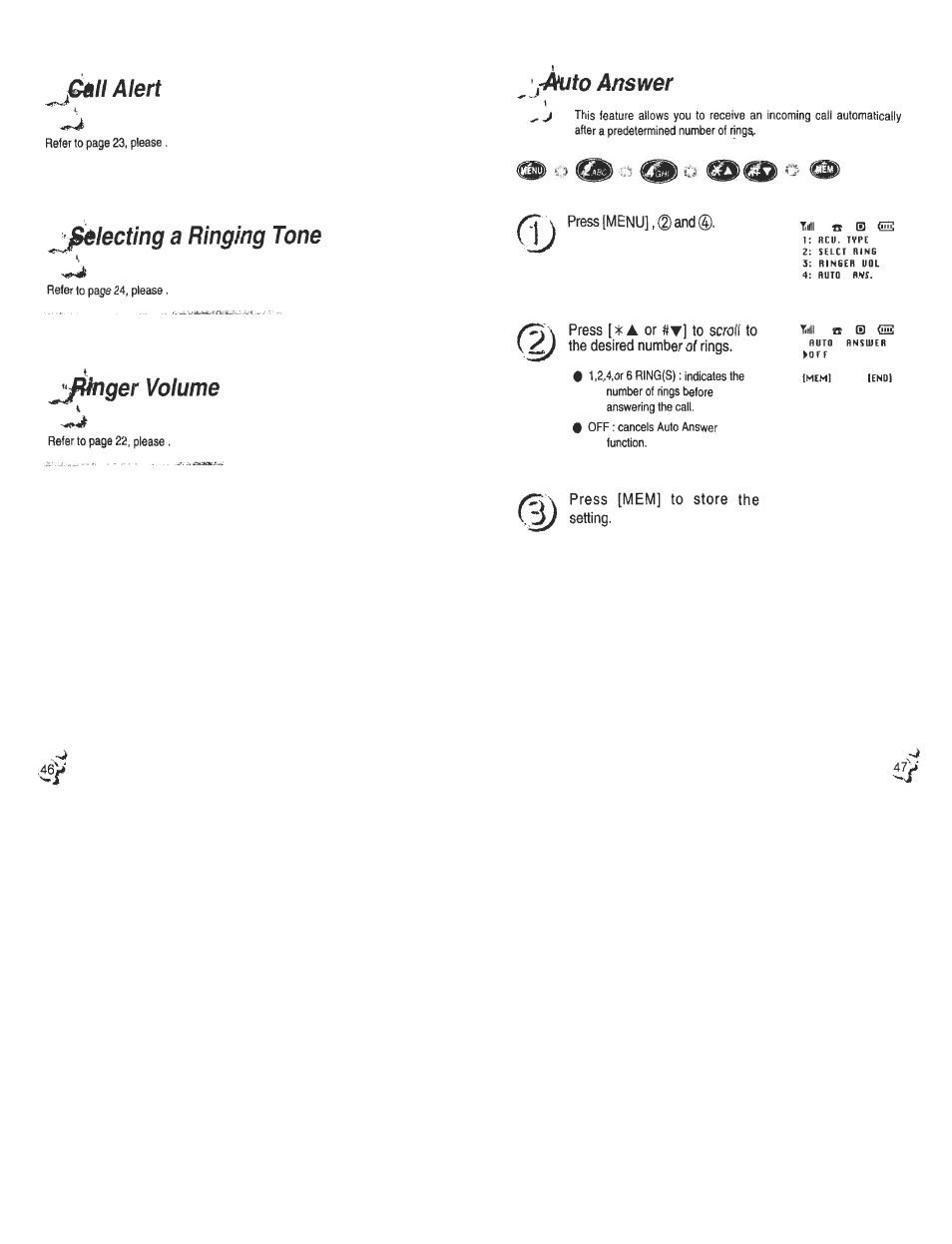 Fâll alert, Ràuto answer, J^lecting a ringing tone | Jfilnger volume, Press [menu], (d and, Press [mem] to store the setting | Audiovox CDM120 User Manual | Page 24 / 41