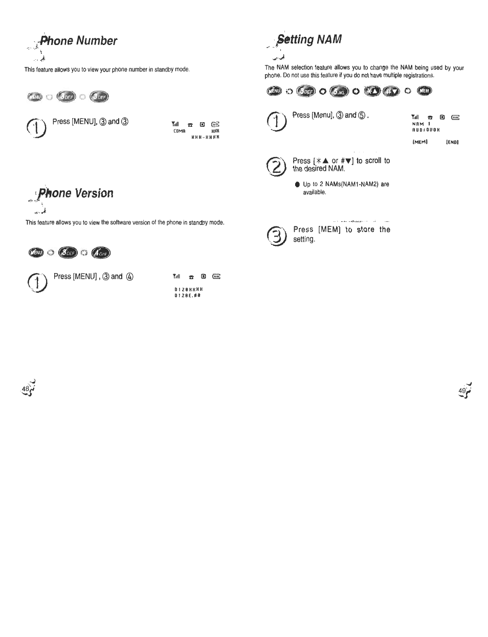 Jphone number, Press [menu], (dand, Phone version | Press [menu], ® and, Petting nam, Press [;f:a or #t] to scroll to the desired nam, Press [mem] to store the setting | Audiovox CDM120 User Manual | Page 25 / 41