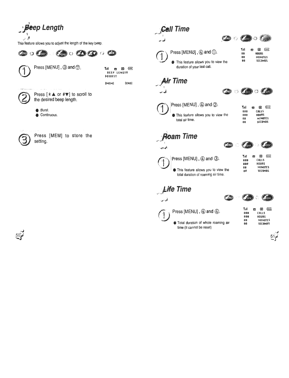 Press [menu], ©and, Press [mem] to store the setting, Time | I press [menu], ©and, 0oam time, Press[menu],©and, Jiife time, Length, Ii time | Audiovox CDM120 User Manual | Page 26 / 41