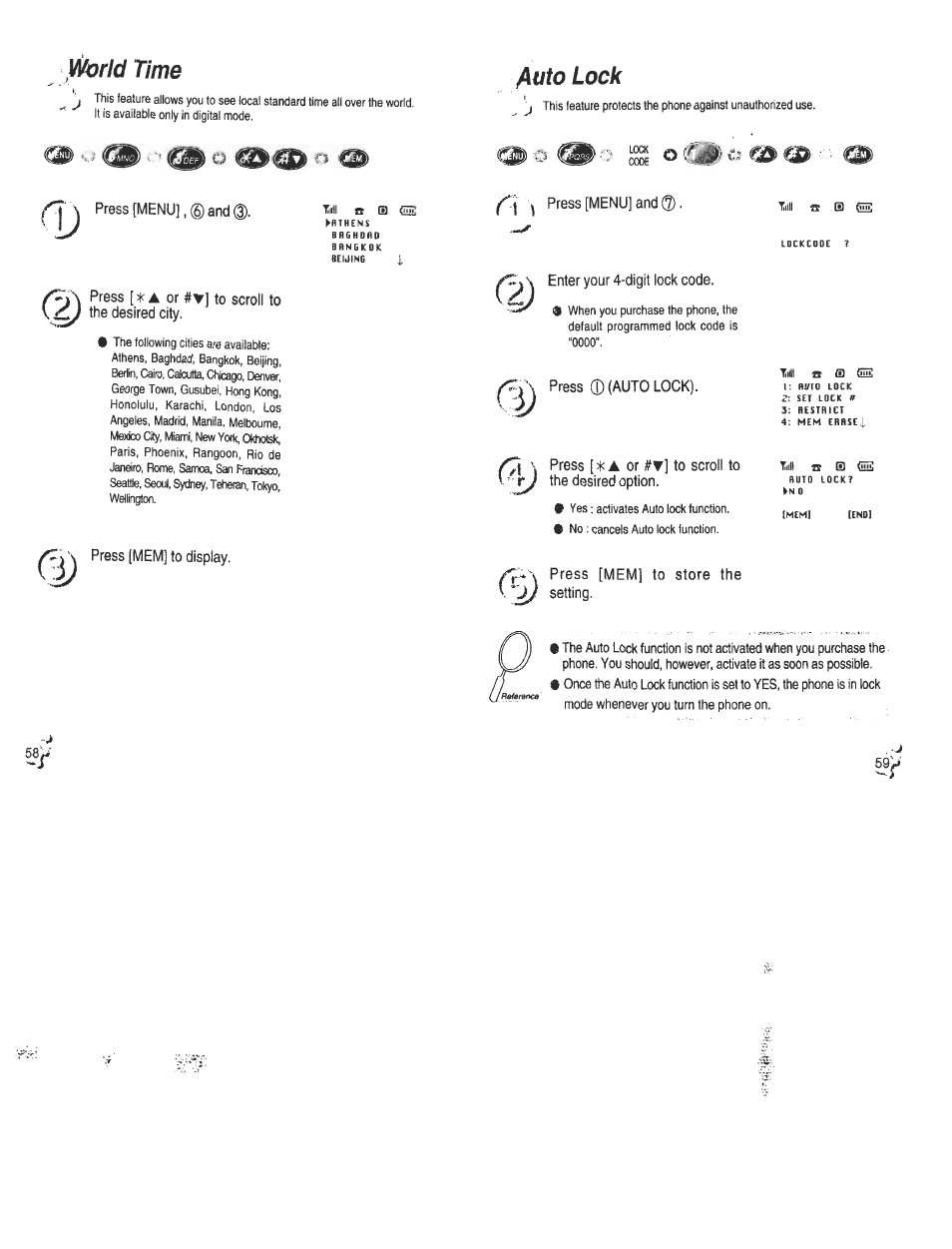 Press [menu], ©and, Press [* a or #t] to scroll to the desired city, Press [mem] to display | Press [menu] and, Enter your 4-digit lock code, Press ©(autolock), Press [mem] to store the • setting, World time, Tauto lock | Audiovox CDM120 User Manual | Page 30 / 41